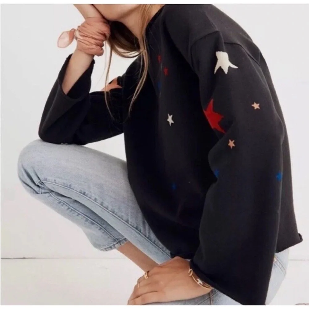 Madewell Mile(s) Black Star Print Bell Sleeve Starry Night Sweatshirt J8533 XS - Picture 2 of 8